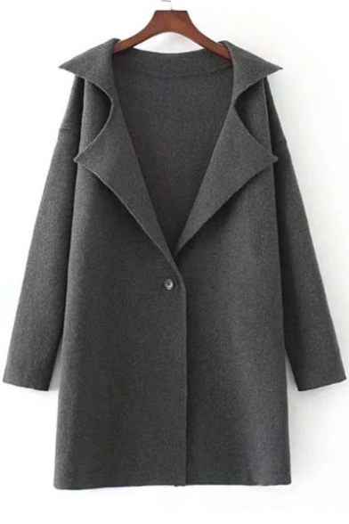Elegant Notched Lapel One-Button Long Sleeves Knitted Plain Longline Cardigan