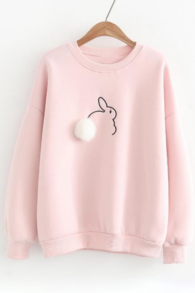 Fashion Rabbit Embroidered Pom Pom Embellished Round Sleeve Pullover Sweatshirt