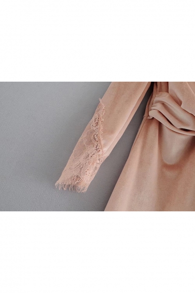 Fashion Wrap Front V-Neck Lace panel Long Sleeve Plain Dress