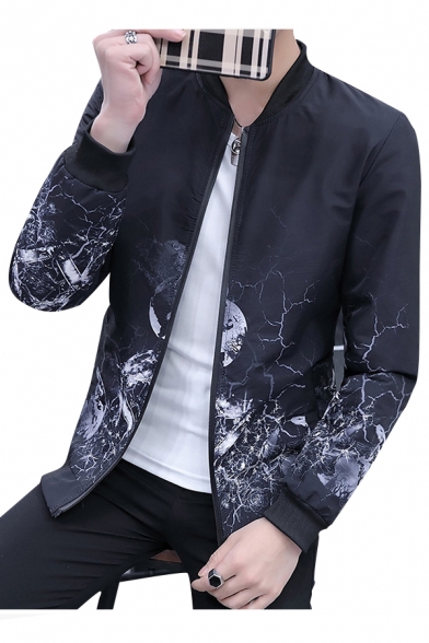 Leisure Graphic Print Stand-Up Collar Zip Placket Long Sleeve Jacket
