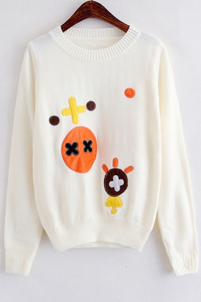 Lovely Cartoon Patchwork Embroidered Long Sleeve Sweater