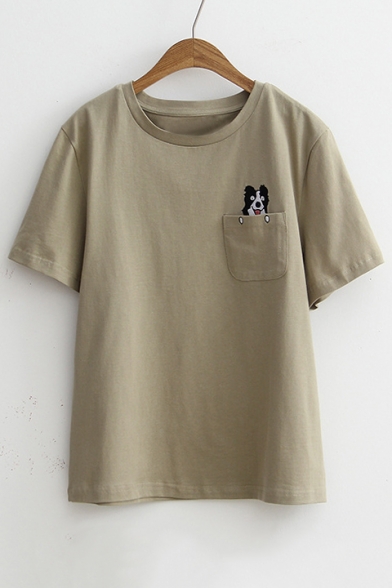 New Arrival Cartoon Dog Embroidered Round Neck Short Sleeve Tee