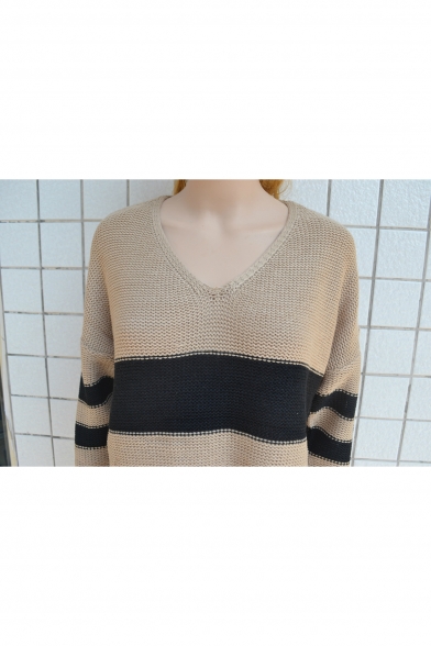 New Fashion Color Block V-Neck Long Sleeve Pullover Sweater