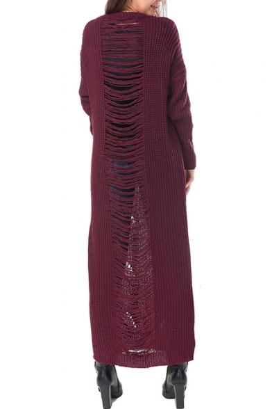 New Fashion Simple Plain Hollow Out Round Neck Long Sleeve Sweater Maxi Dress