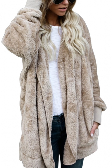 New Fashion Simple Plain Open Front Long Sleeve Fur Coat