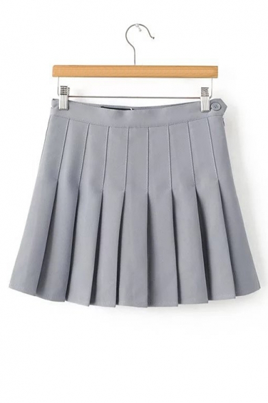 New Fashion Simple Plain Zip-Fly Pleated Mini Skirt