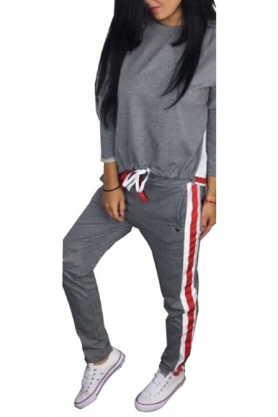 New Fashion Striped Side Round Neck Long Sleeve Pullover Sweatshirt with Drawstring Waist Pants