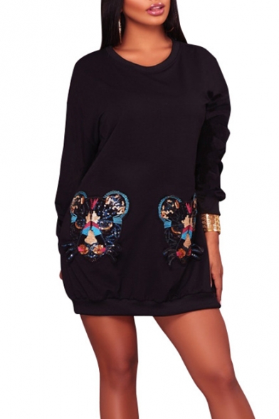 New Fashion Tiger Head Sequined Round Neck Long Sleeve Mini Dress