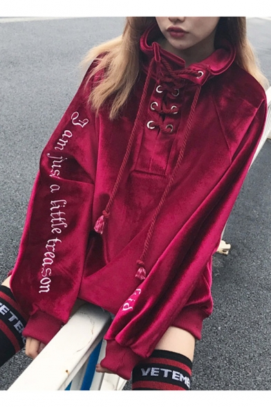 New Stylish Lace-Up Letter Print Velvet  Long Sleeve Pullover Sweatshirt