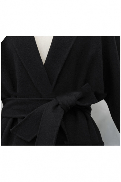 New Stylish Notched Lapel Long Sleeve Bow Tie Waist Plain Tunic Coat