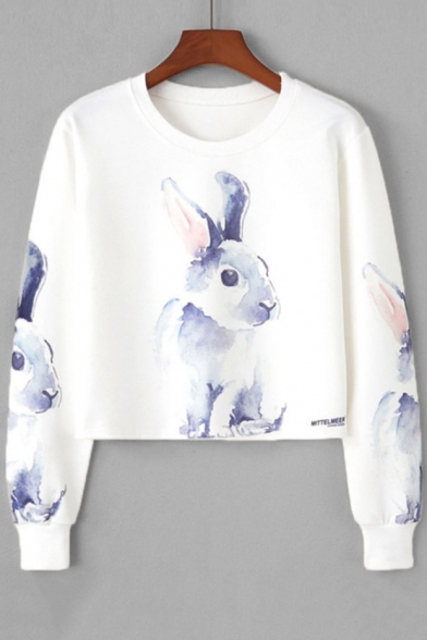 New Stylish Rabbit Print Round Neck Long Sleeve Cropped Pullover Sweatshirt