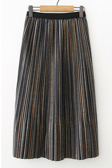 New Stylish Striped Print Elastic Waist Midi Pleated Skirt