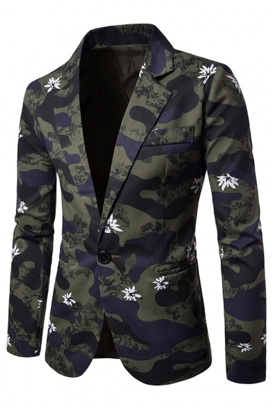 Notched Lapel Long Sleeves Camouflaged Pattern Single Button Blazer with Pockets