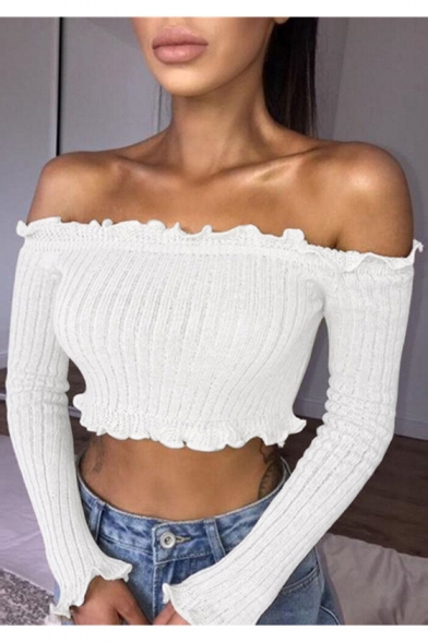 Sexy Plain Ruffle Hem Off The Shoulder Long Sleeve Cropped Sweater