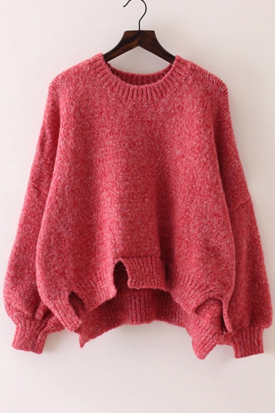 Simple Plain Dipped Hem Latern Long Sleeve Pullover Sweater