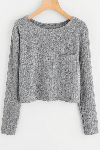 Simple Plain Round Neck Long Sleeve Cropped Pullover Sweater