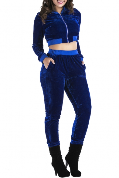 Stand-up Collar Long Sleeves Cropped Zippered Top with Elastic Waist Slim-Fit Pants Pleuche Co-ords