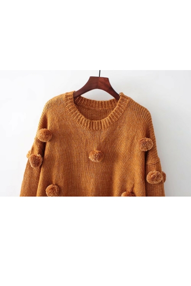 Stylish Round Neck Long Sleeve Sweater with Knitted Pompom
