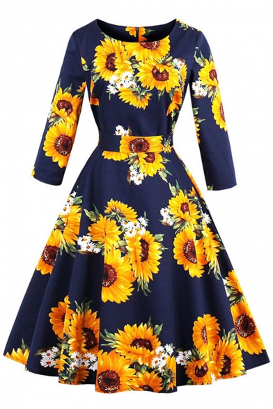 Classic Contrast Floral Printed Half Sleeves Round Neck Belted Fit & Flare Midi Dress