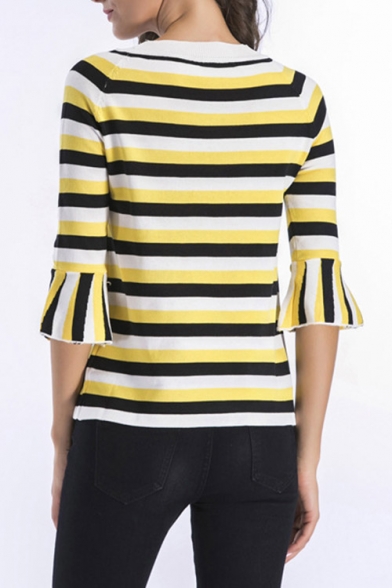 Color Block Striped Flared Half Sleeve Pullover Sweater