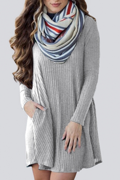Crew Neck Long Sleeve Plain Ribbed Knitted Sweater Dress with Pockets