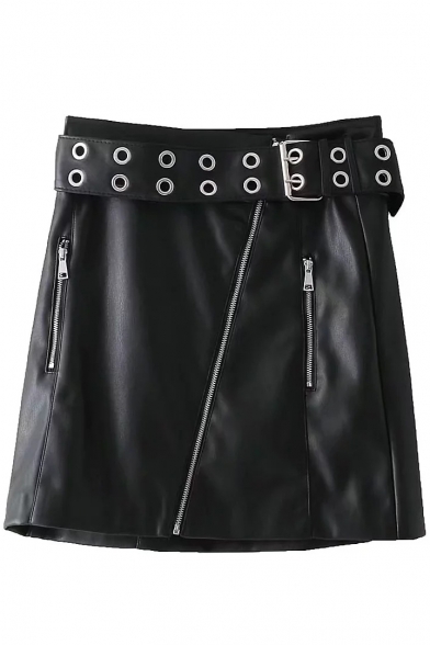 Fashion Plain Grommet Belted Waist Faux Leather Mini Zipper Skirt