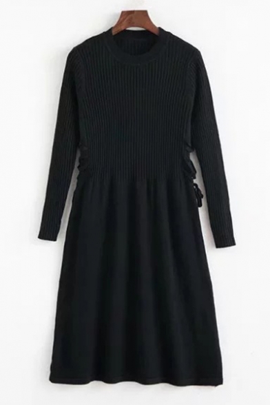Fashion Plain Long Sleeve Gathered Waist Round Neck Knitted Skater Dress
