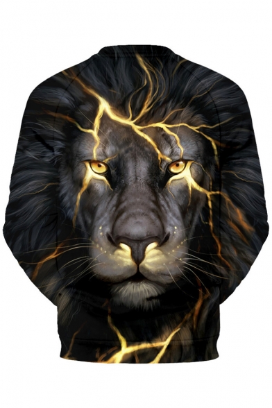 Fashionable Lightning Lion Print Round Neck Long Sleeve Pullover Sweatshirt