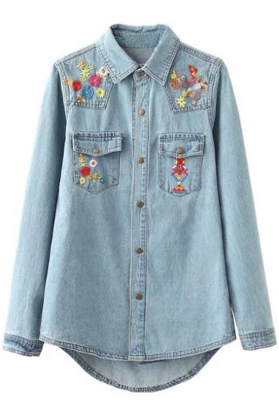 Floral Embroidered Lapel Long Sleeve Buttons Down Denim Shirt