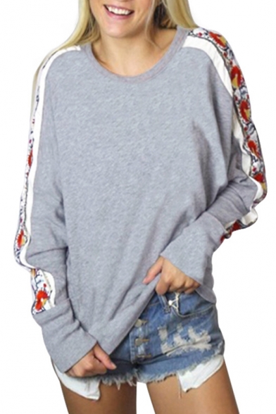 Leisure Round Neck Floral Printed Long Sleeves Pullover Sweatshirt