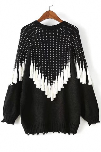 New Fahsion Striped Tassel Embellished Round Neck Long Sleeve Pullover Sweater