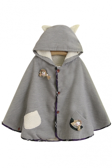 New Fashion Color Block Patchwork Dolls Embellished Buttons Down Ears Hooded Cape
