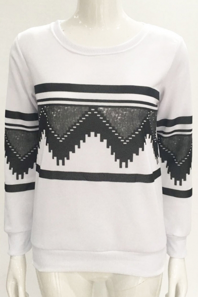 New Fashion Leisure Geometric Print Round Neck Long Sleeve Pullover Sweatshirt