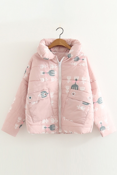 New Fashion Lovely Fork Print Zip Placket Long Sleeve Quilted Coat