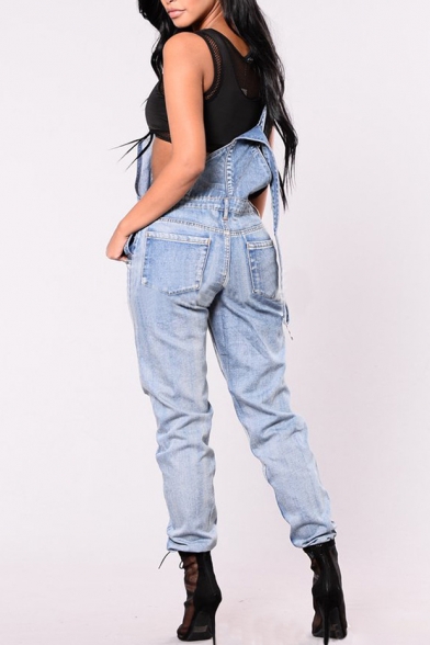 New Fashion Simple Ripped Out Denim Overall Jumpsuit