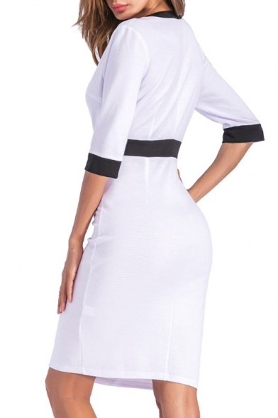New Stylish Color Block Print V-Neck Half Sleeve Zipper Dress