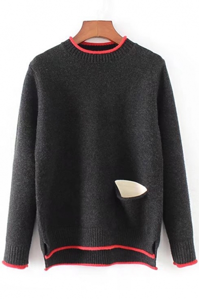 New Stylish Contrast Pocket Long Sleeve High Low Hem Pullover Sweater