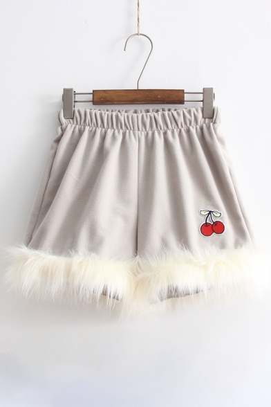 New Stylish Embroidery Cherry Pattern Elastic Waist Shorts