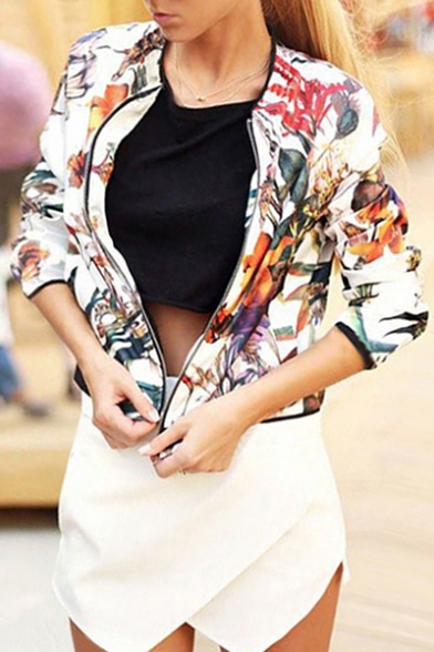 New Stylish Floral Print Long Sleeve Stand-Up Collar Zipper Jacket