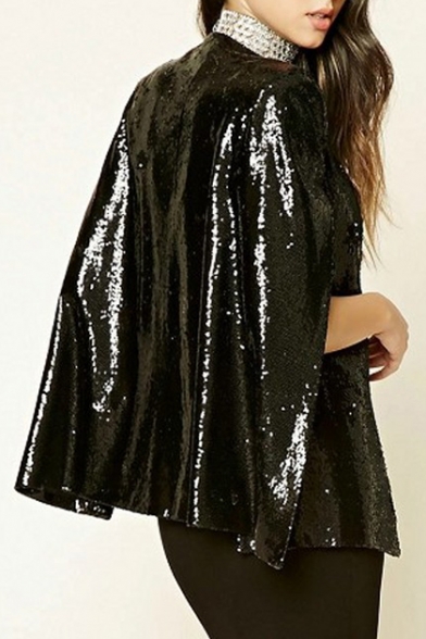 Party Collarless Open Front Split-Side Sequined Poncho