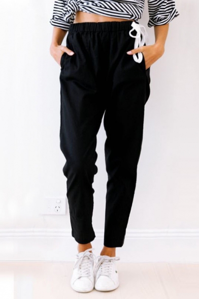 New Simple Drawstring Mid Waist Crop Tapered Pants