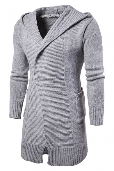 Simple Long Sleeves Knitted Hooded Longline Cardigan with Pockets & Single Button
