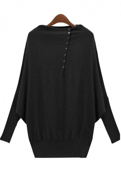 Simple Plain Round Neck Buttons Placket Batwing Long Sleeve Pullover Sweater