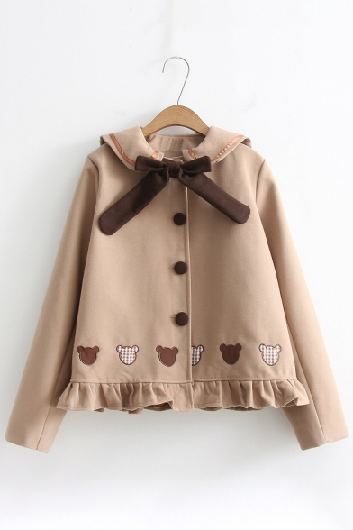 Chic Bow Tie Neck Doll Collar Single Breasted Bear Embroidered Wool Coat