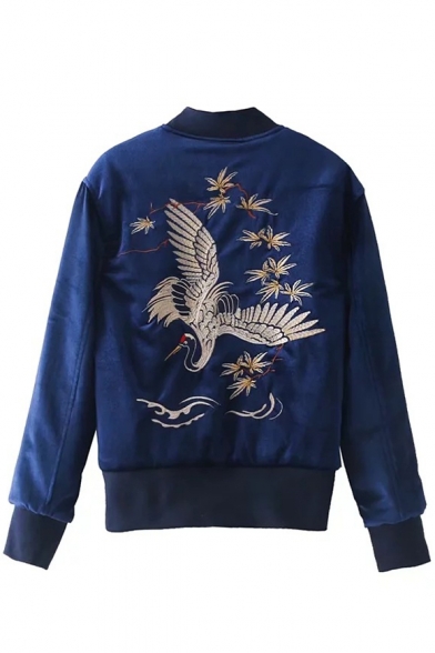 Chic Embroidery Crane Pattern Long Sleeve Stand-Up Collar Baseball Jacket