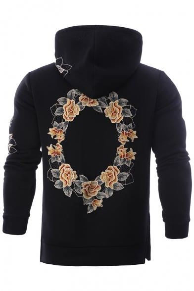 Chic Embroidery Floral Pattern Long Sleeve Split Side Hoodie