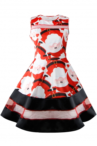 Chic Round Neck Father Christmas Print Mesh Patched Fit & Flare Dress