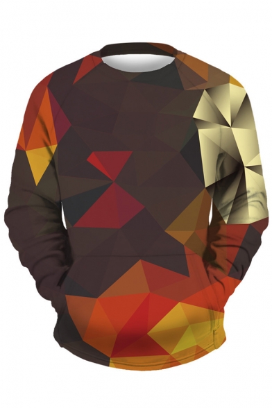 Color Block Geometric Print Round Neck Long Sleeve Pullover Sweatshirt