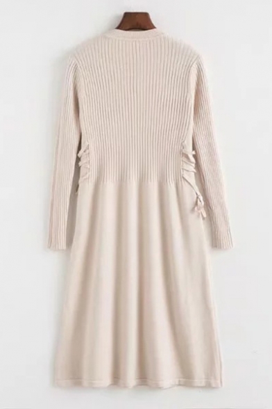 Fashion Plain Long Sleeve Gathered Waist Round Neck Knitted Skater Dress