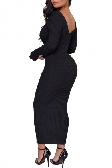 Fashion Sexy V-Neck Long Sleeve Bodycon Maxi Dress